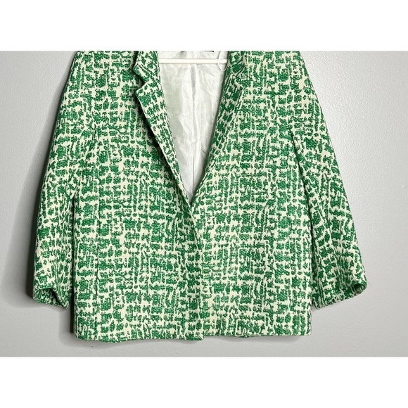 ZARA Basic Jacquard Tweed Single Button Blazer Jacket in Green/White Women's XS - Picture 4 of 8